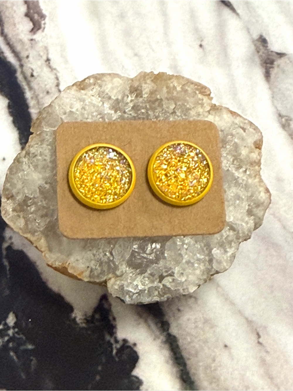 Yellow Sparkle Round Druzy Stud Earrings - Women Jewelry